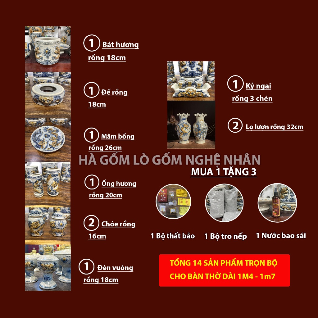 Bộ 14 Món Đồ Thờ Cúng Ban Thờ dài 1m4,1m7 TẶNG Thất Bảo, Tro Nếp, NướcThơm Men rạn đắp nổi Bát Tràng_thumbnail_1