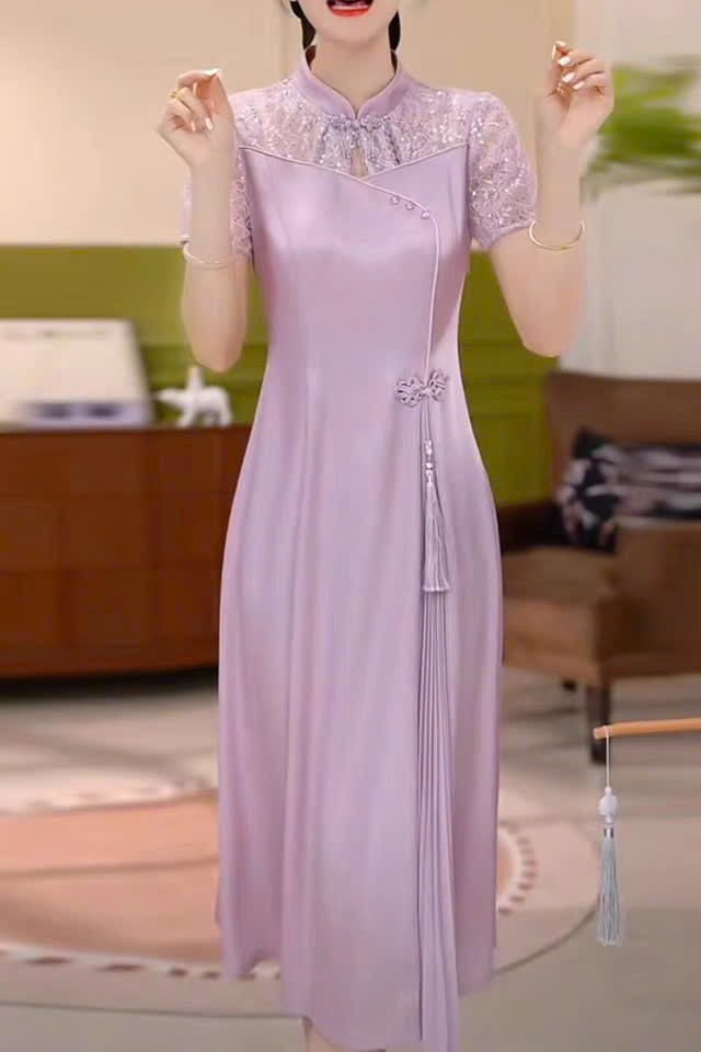 18287-Đầm lụa chữ A  phối ren, tà dập ly  cách điệu ( lụa, ren)