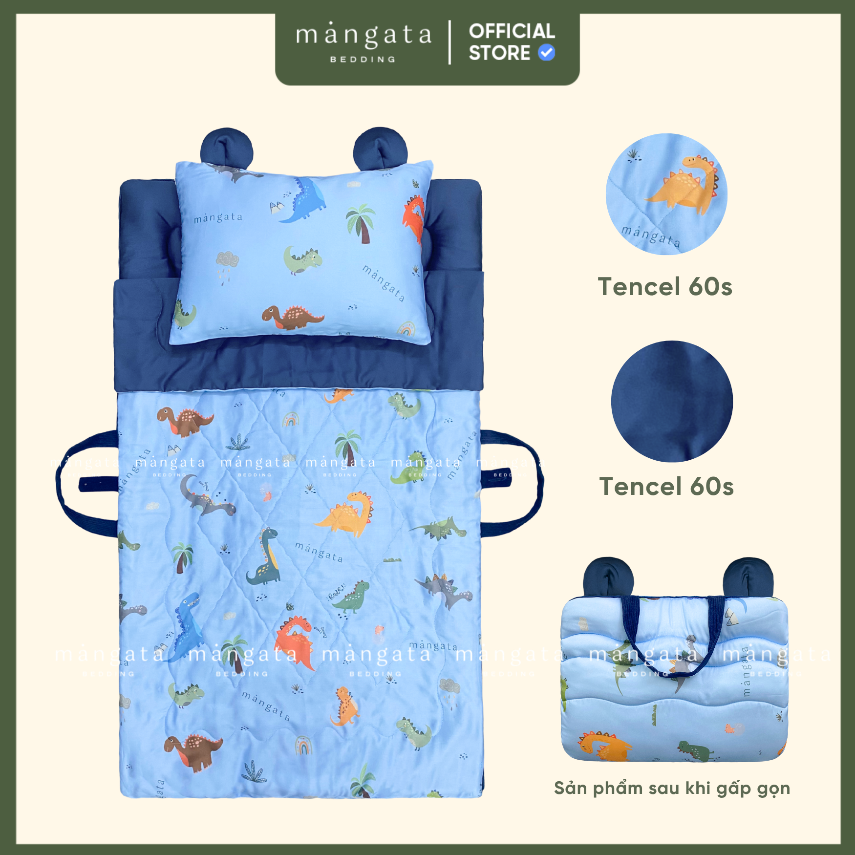 Mẫu Khủng long sắc màu - Bộ chăn gối gấp gọn đi học