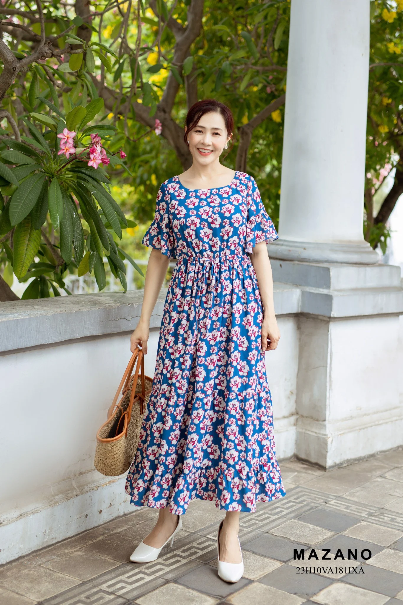 Đầm xanh rút dây eo phối bèo nữ tính 23H10VA181IXA