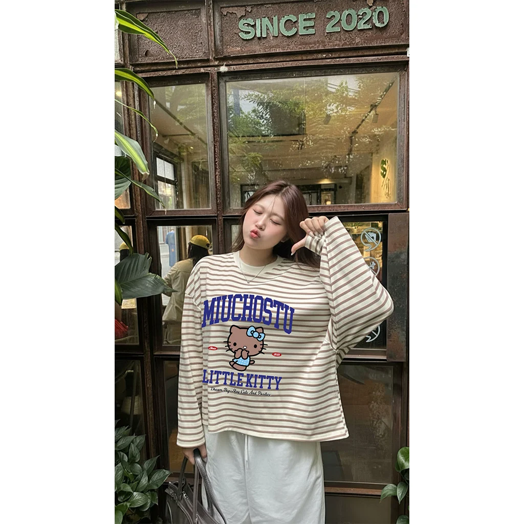 Áo thun boxy nữ tay dài Miucho vải bo rip thoáng mát cổ tròn Kitty đáng yêu in mix 2697_thumbnail_5
