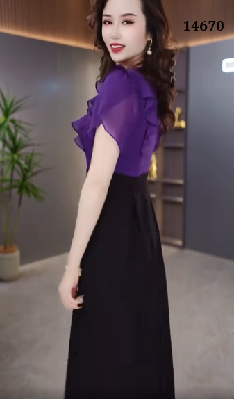 14670-Đầm xòe A phối hai màu tím đen cách điệu ( voan, poly 2  da)_thumbnail_2