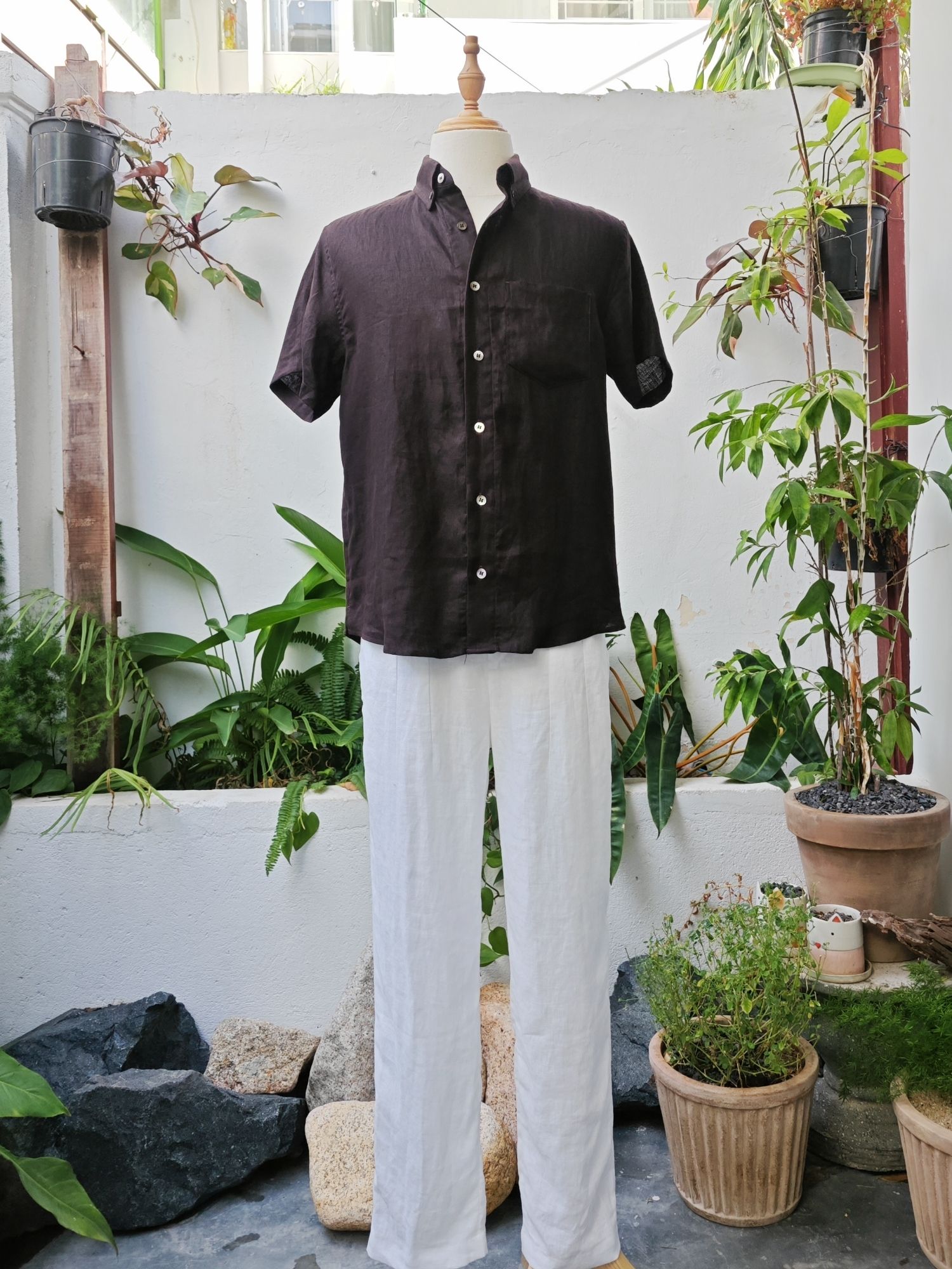 Sơ mi 100% linen tay ngắn cổ kiểu Đức