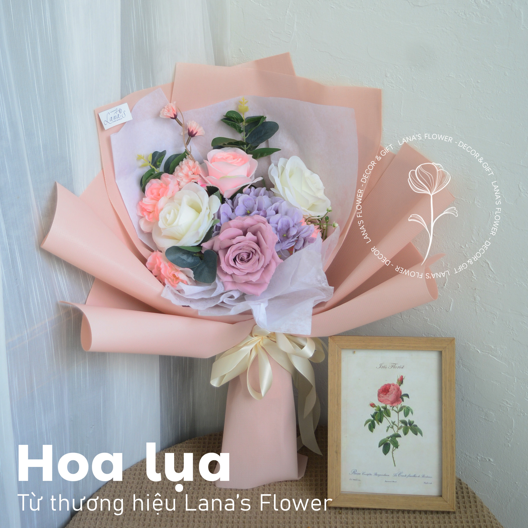 Bó hoa lụa mix tone tím hồng - Size M