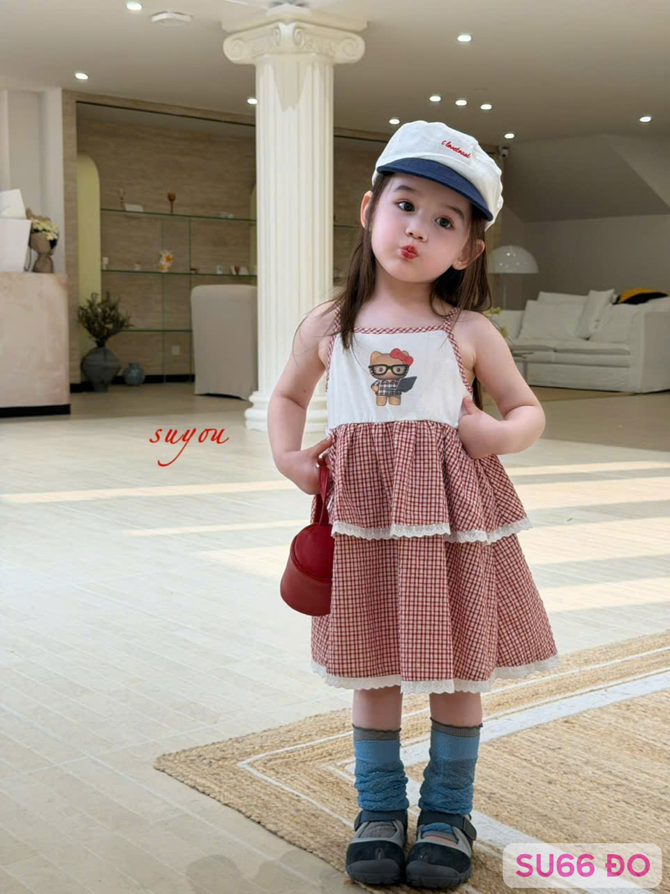 SU66 - Váy 2 dây kẻ caro phối ren in hình mèo hãng Suyou