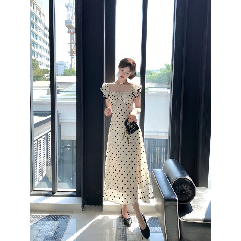 Váy chấm bi dáng dài tay bèo, đầm lụa dài trễ vai hoạ tiết chấm bi phong cách nữa tính Loga store - 172