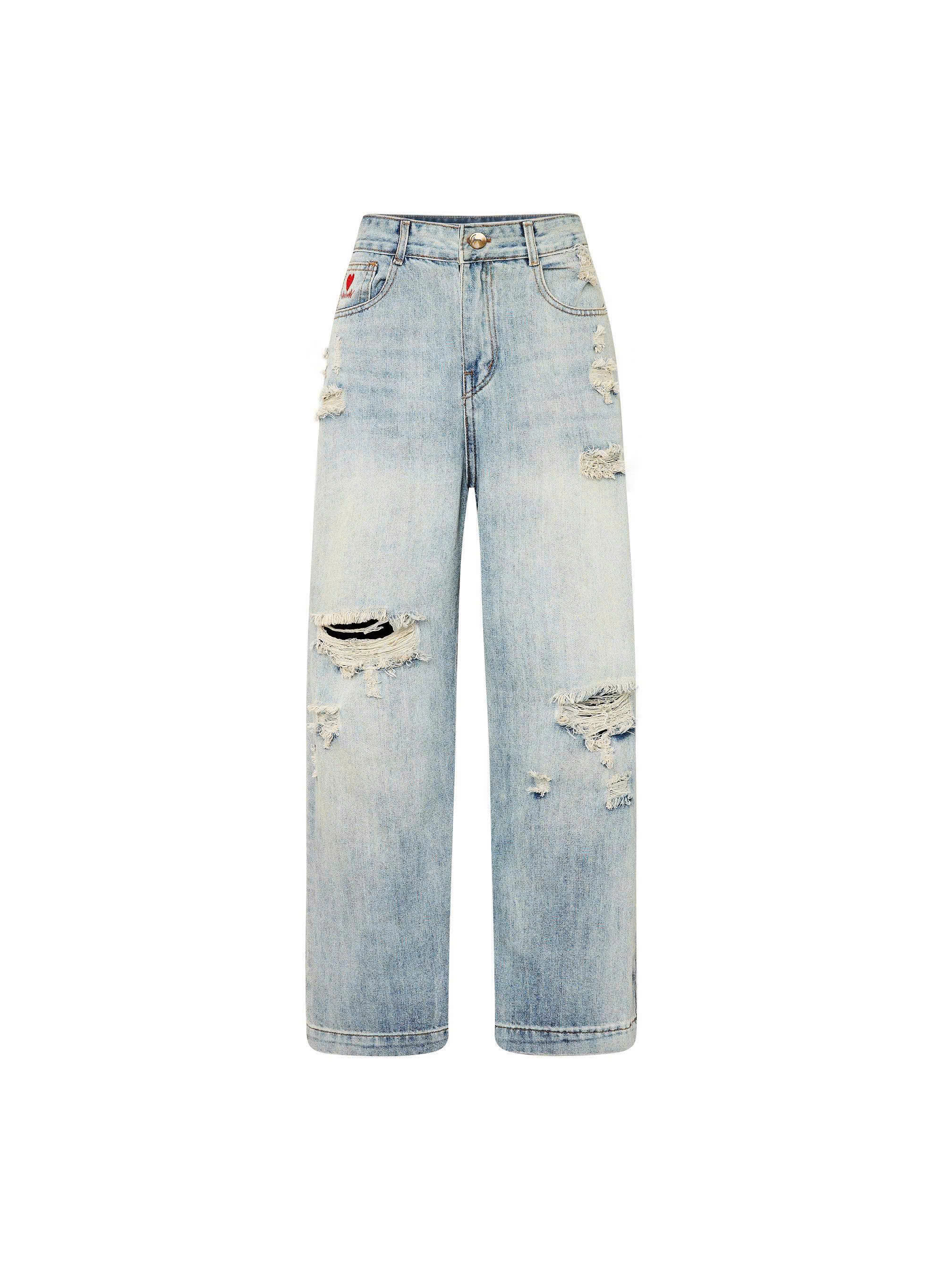 Quần jean ống suông rách thêu trái tim bigsize QJ384