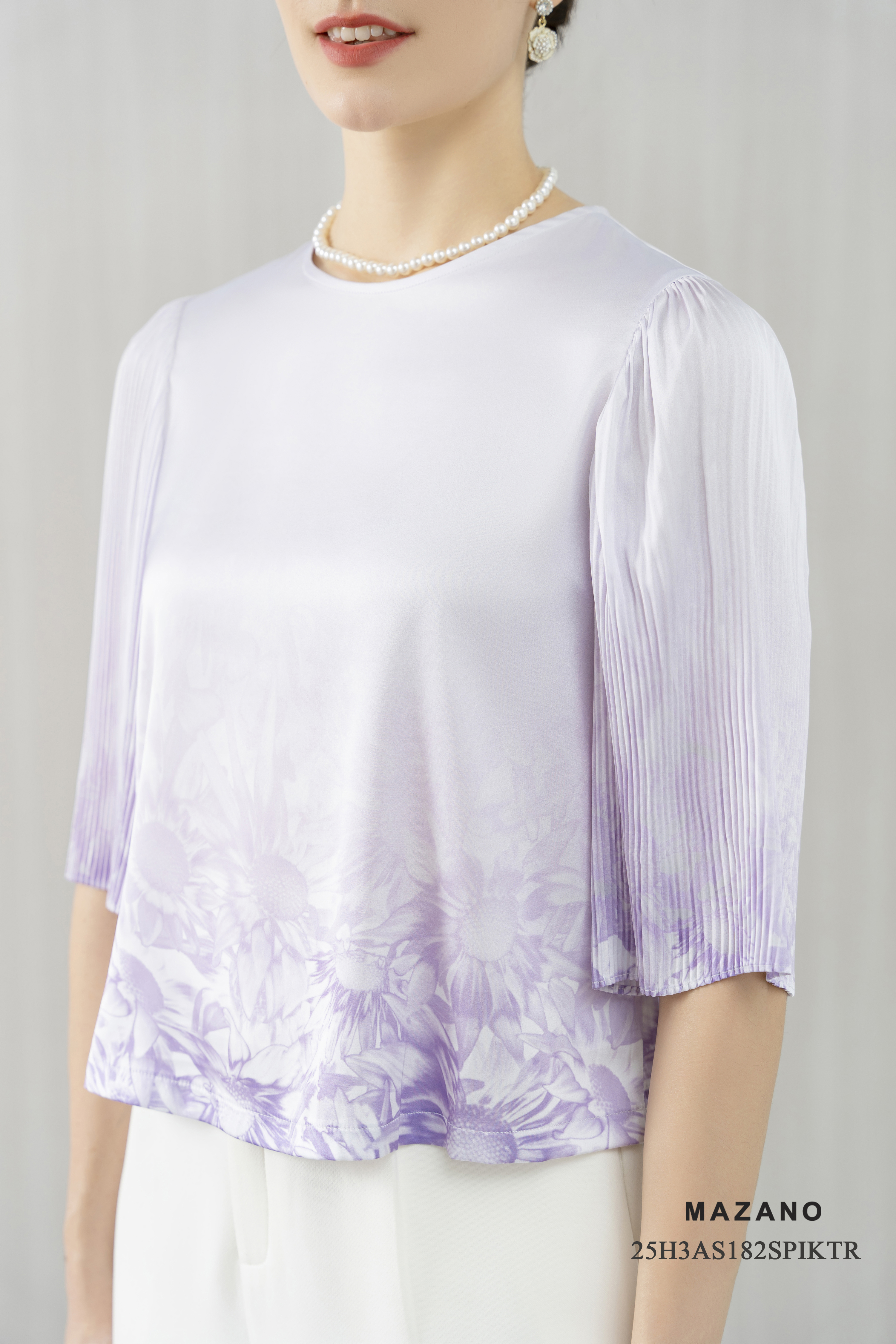 Áo top suông Họa tiết hoa cúc tím Cổ tròn Tay lỡ dập ly tăm Dài dưới eo_thumbnail_1