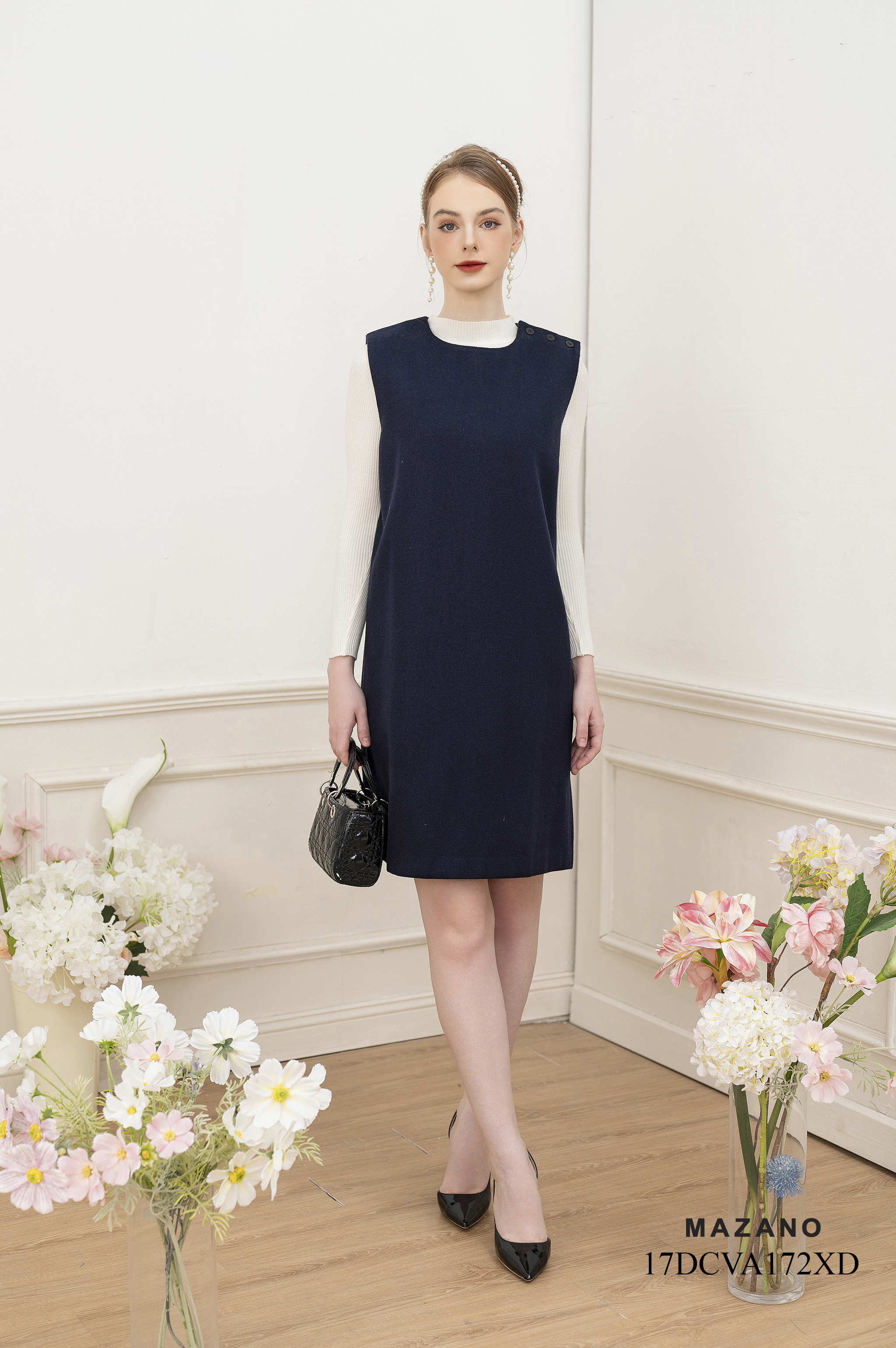 Đầm Dạ 100% Lông Cừu Dáng Suông Thắt Đai Không Tay