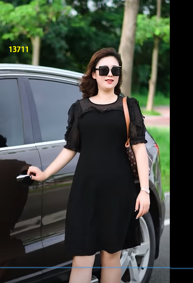 13711-Đầm suông chữ A phối tay voan ngắn  ( lụa chéom phối voan, có lót )_thumbnail_1