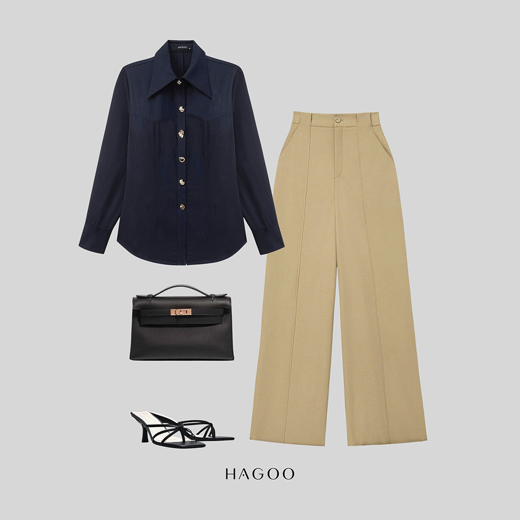 Gợi ý phối đồ cùng áo sơ mi cúc trang trí xẻ sau 2