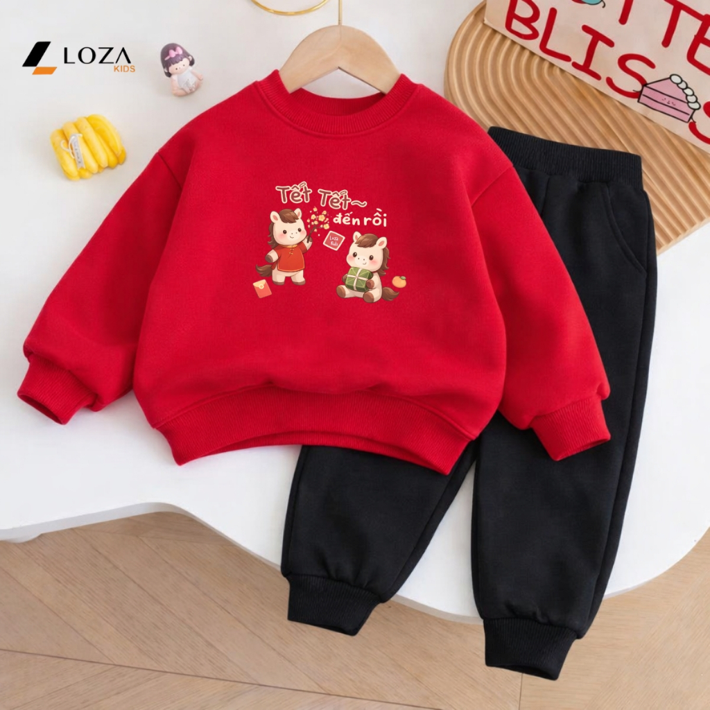 [BST Tết 2026] Bộ nỉ bé trai, bé gái in hình ngựa "Tết Tết đến rồi " - Loza Kids BI565 BI565
