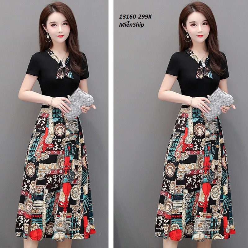 13160-Đầm xòe đen cổ thắt nơ in họa tiết (thun,  voan in )FREESHIP_thumbnail_4