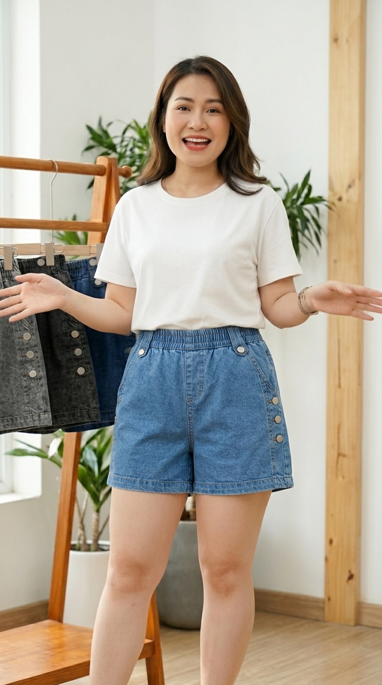 QJF014-Quần Short Jean Phối Cúc