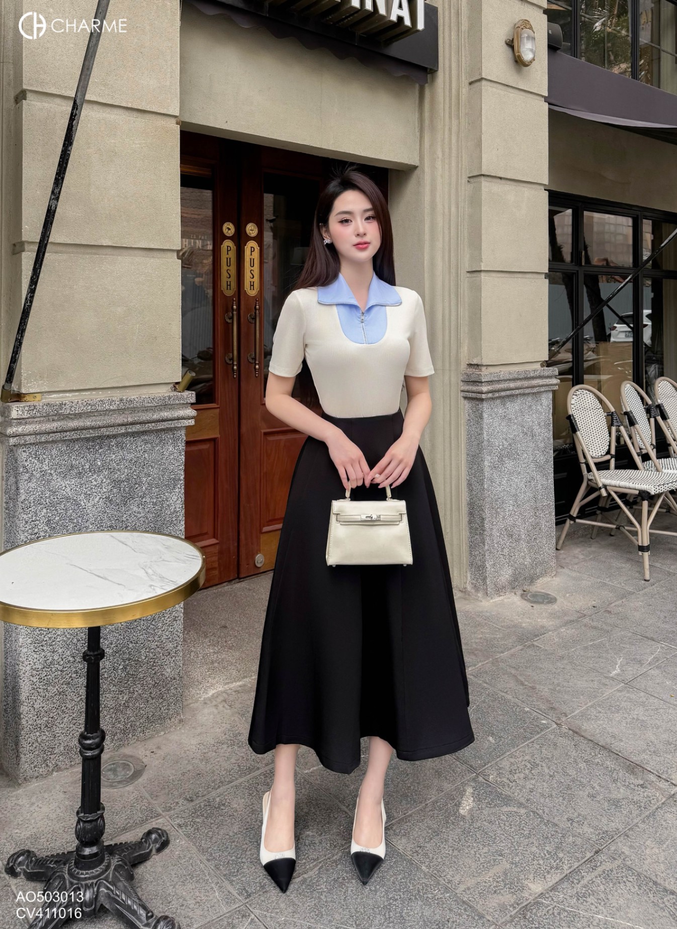 Áo thun pha cổ sơ mi khóa kéo