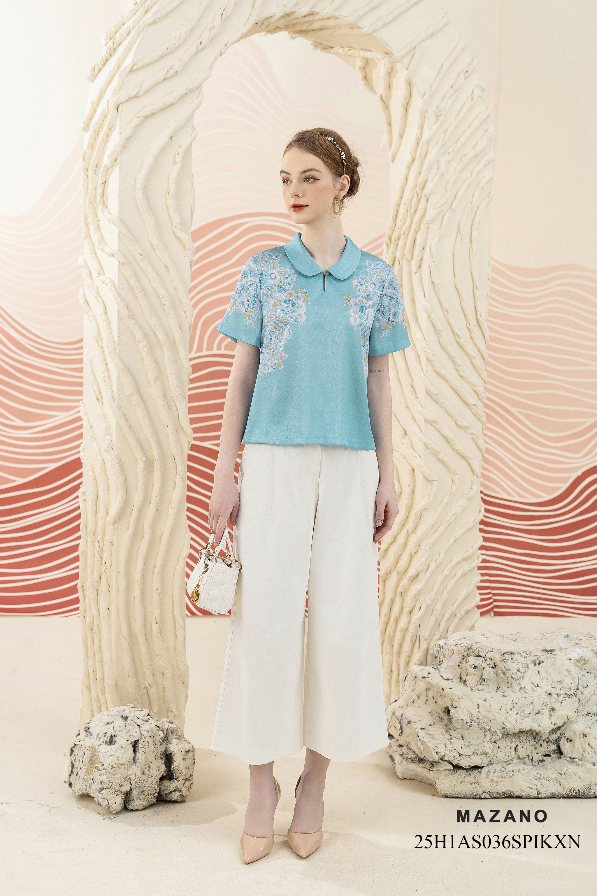 Áo top suông cài khuy Họa tiết hoa cách điệu Cổ bẻ Tay ngắn Dài dưới eo_thumbnail_3