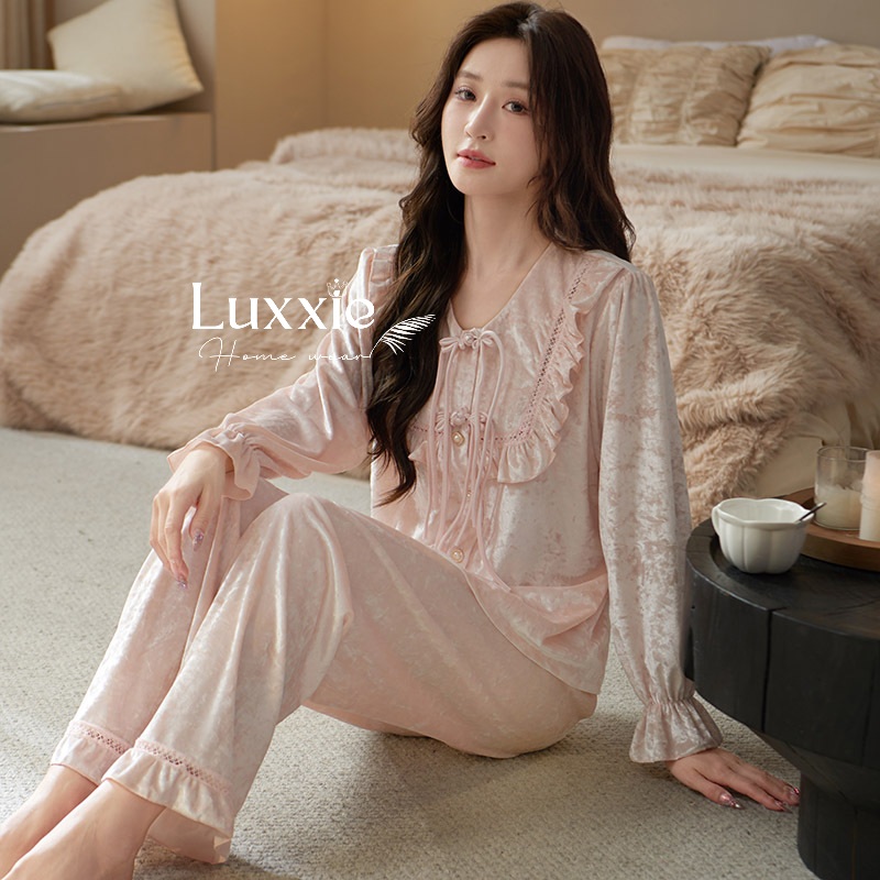 NHUNG31 Bộ ngủ nhung cổ vuông tay bo tiểu thư_thumbnail_1