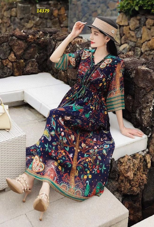 14379-Đầm xòe xanh đen họa tiết dạng thổ cẩm_thumbnail_4