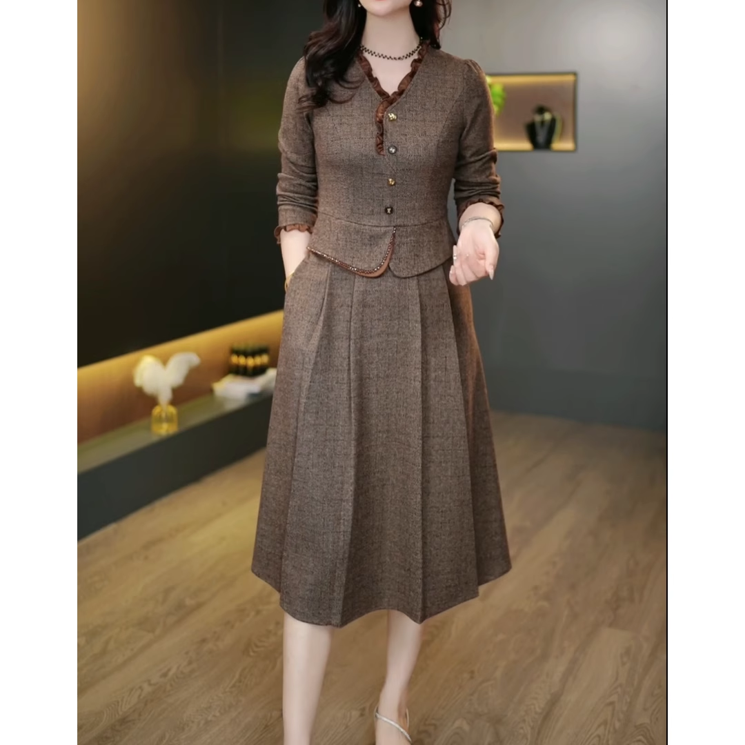 15101-Đầm xoè dài tay dáng peplum viền nâu cách điệu ( thun lụa)_thumbnail_0