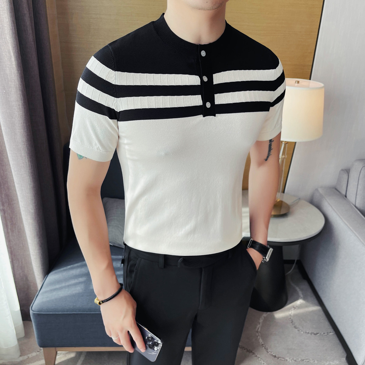 PA52 – Áo polo nam dệt kim lụa đá sọc đơn giản