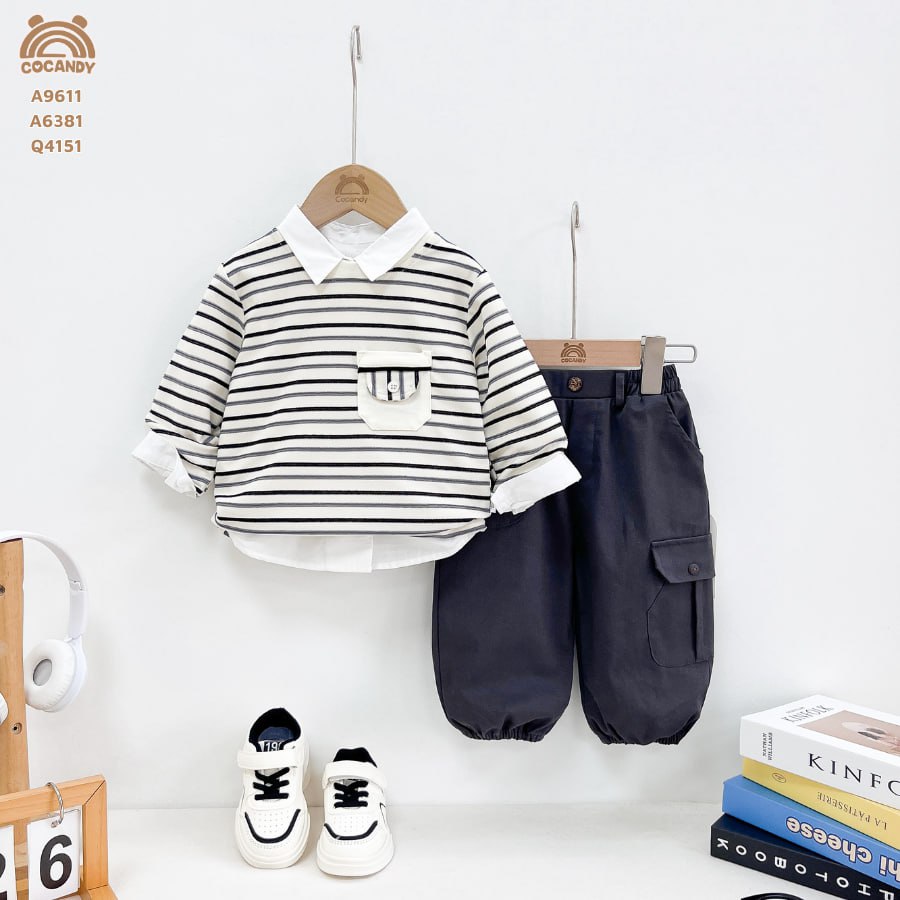 Áo thun dài kẻ ĐEN BE túi ngực