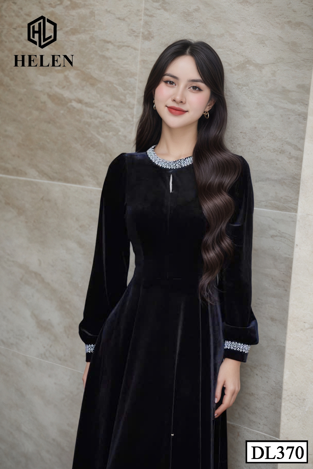 (Pre-order) Đầm xòe nhung đen phối cổ DL370