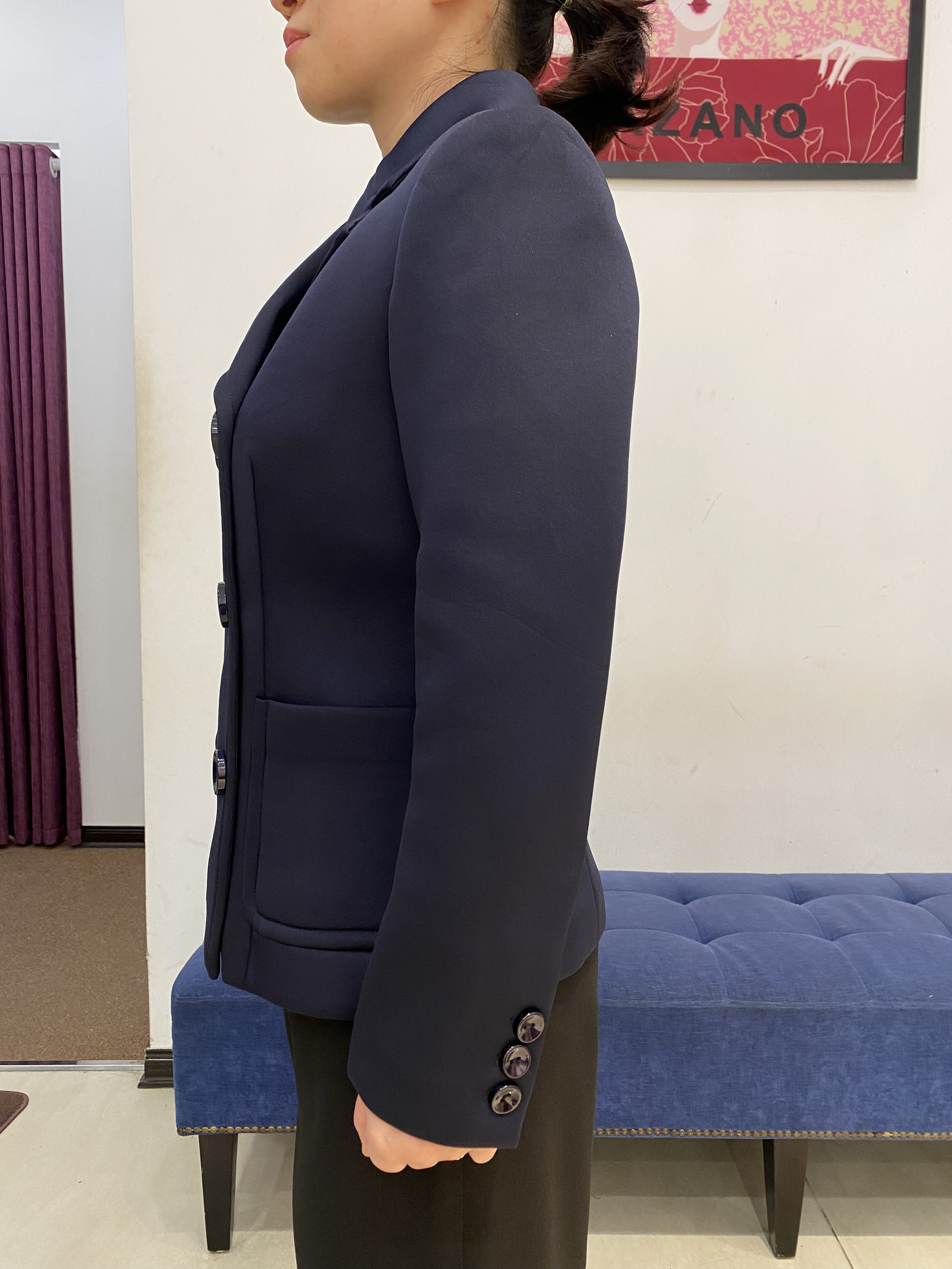 Áo khoác ngắn vạt chồng vải dạ Yumi màu xanh ghi