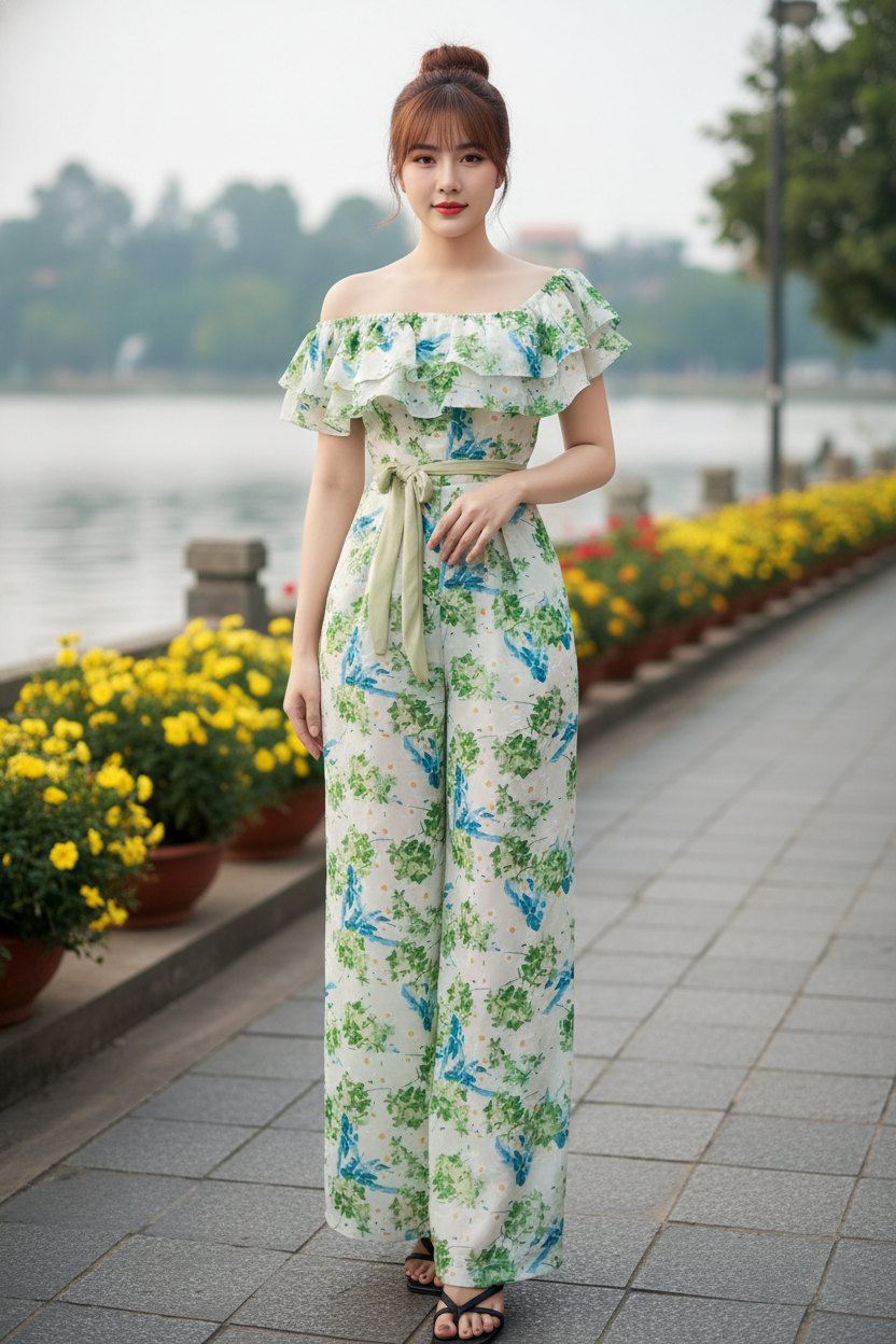 Jumpsuit ống rộng bèo ngực mặc 2 kiểu