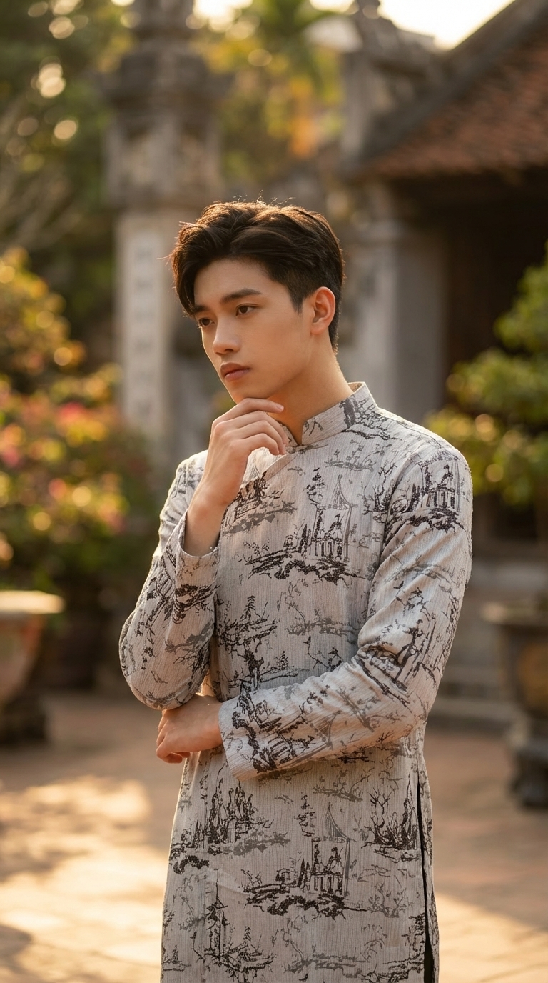 Áo Dài Nam Trắng Họa Tiết Mực Tàu_thumbnail_2