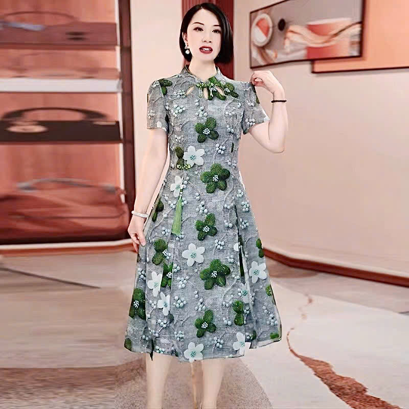 17894-Đầm suông A hoa xanh  cổ tàu kết nút  ( voan lụa, lót)_thumbnail_2