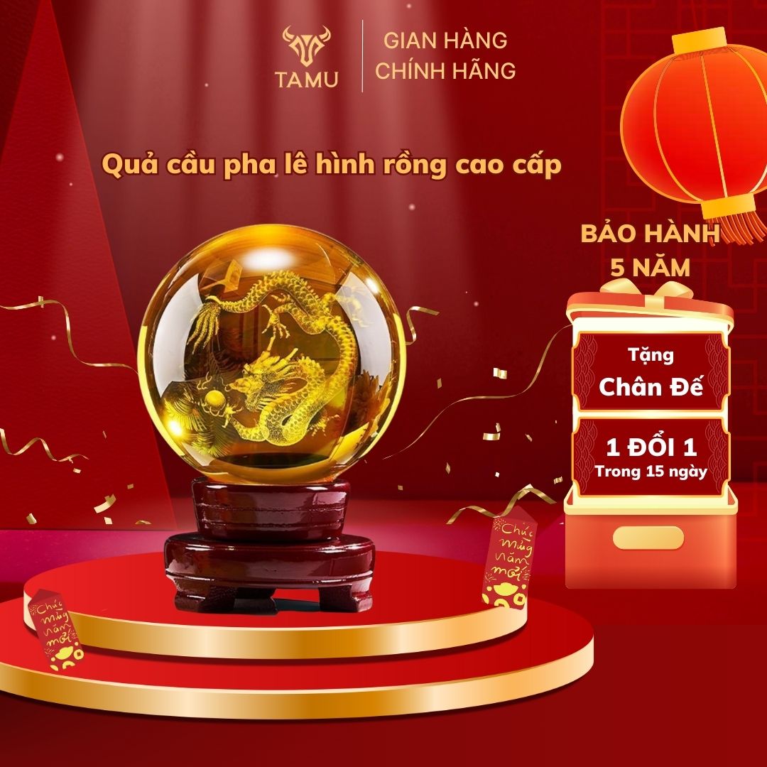 12cm-Quả cầu pha lê hình rồng + Tặng đế gỗ