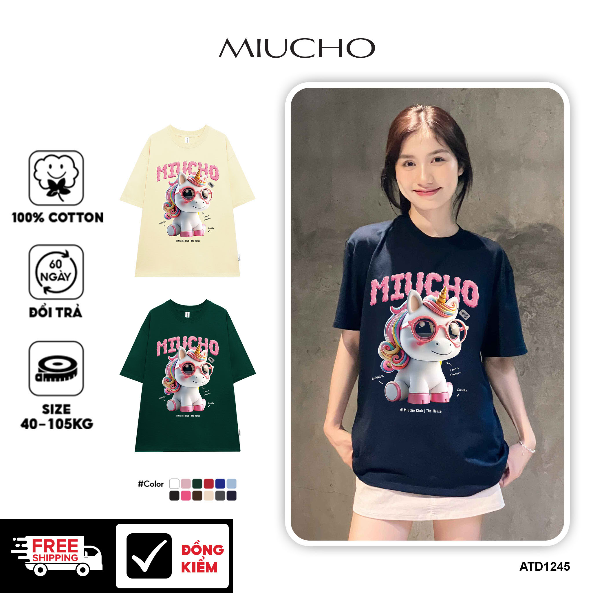 Áo thun form rộng 12 con giáp tuổi Ngọ ATD1245 Miucho tay ngắn cổ tròn in mix