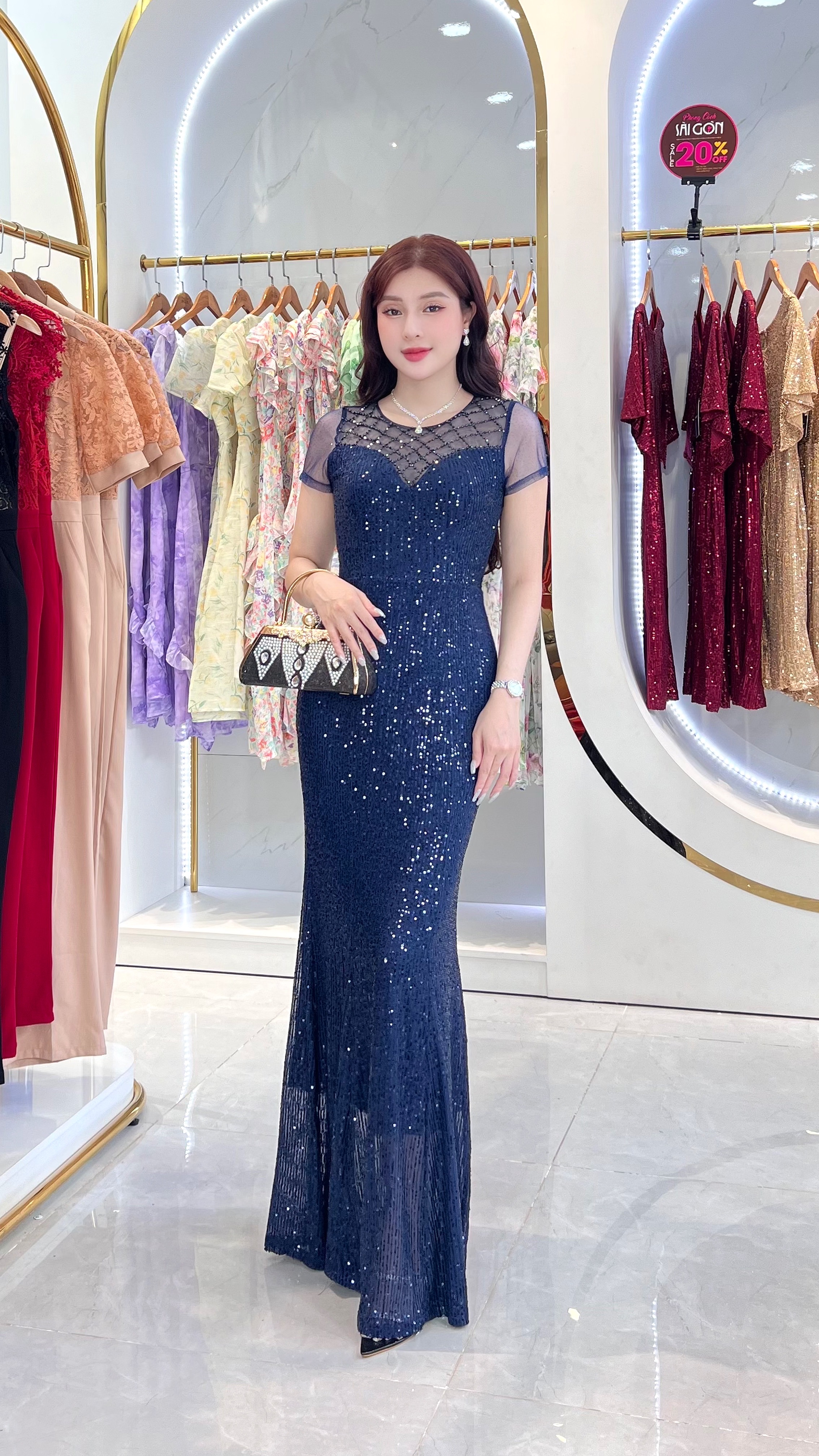 Đầm dự tiệc đuôi cá kim sa phối lưới đính đá cao cấp_thumbnail_0