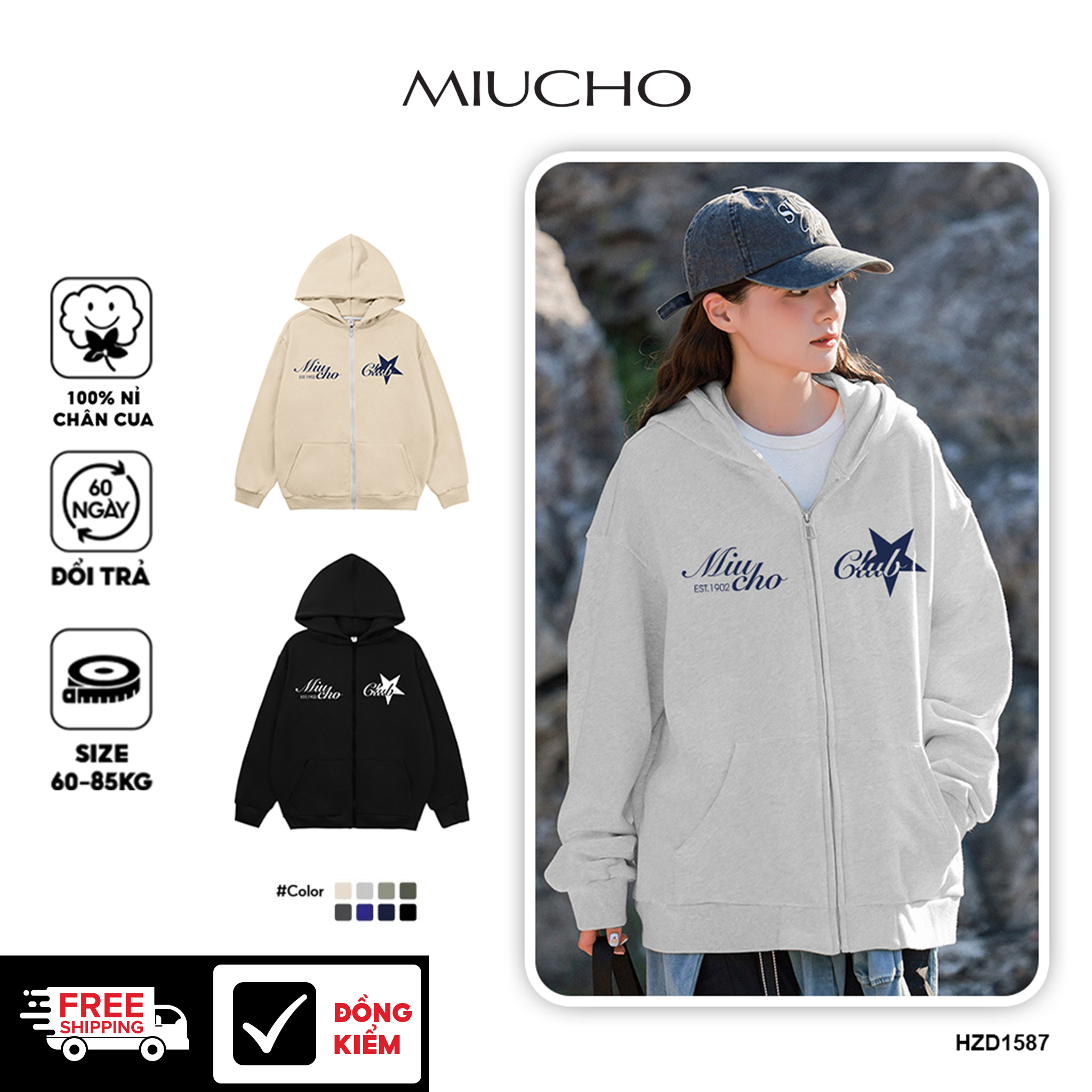 Áo hoodie zip local brand HZD1587 Miucho vải nỉ chân cua dày dặn mủ rộng in typography