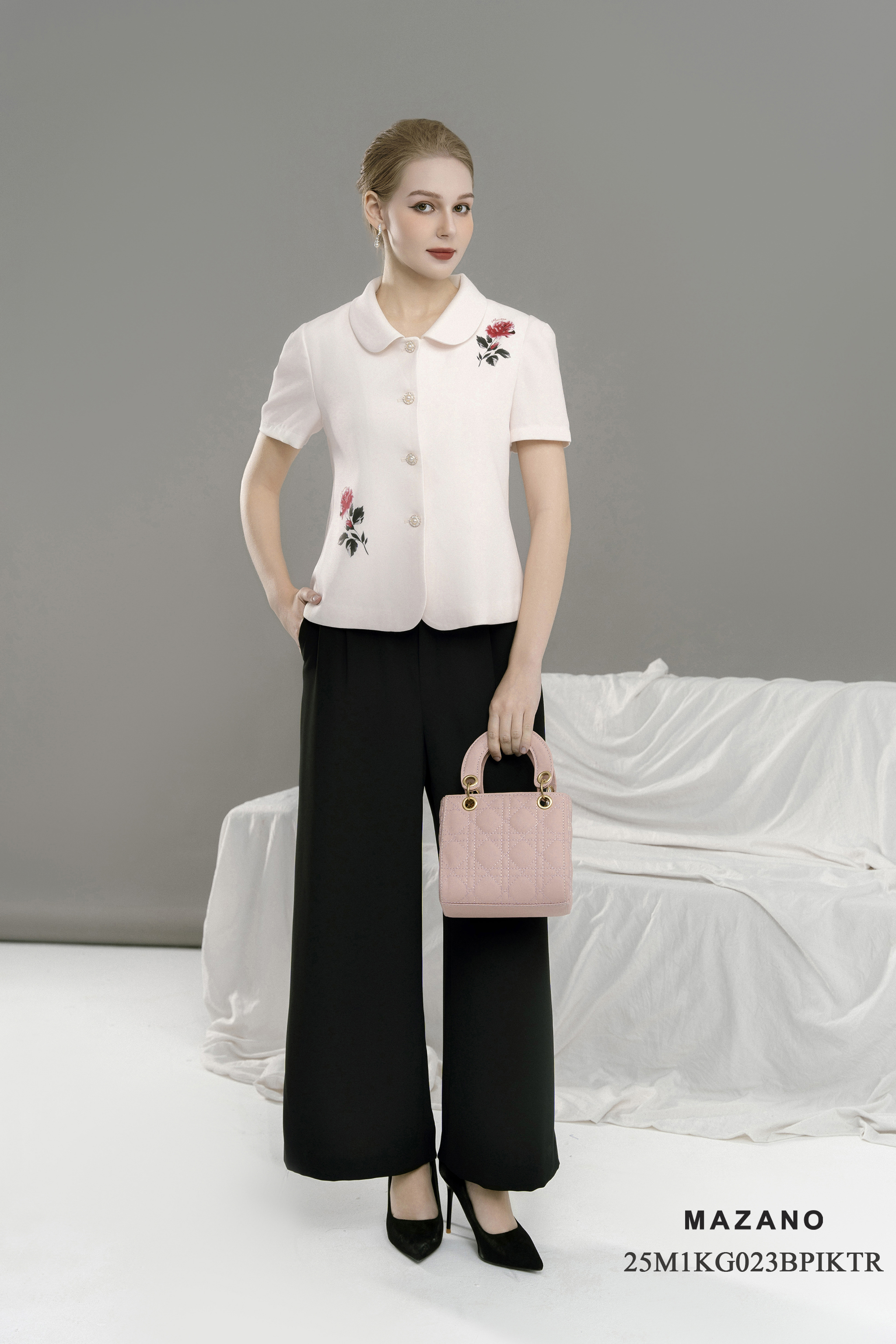 Áo ký giả Vải thô chun In họa tiết hoa hồng Cổ bẻ Tay ngắn Dài dưới eo