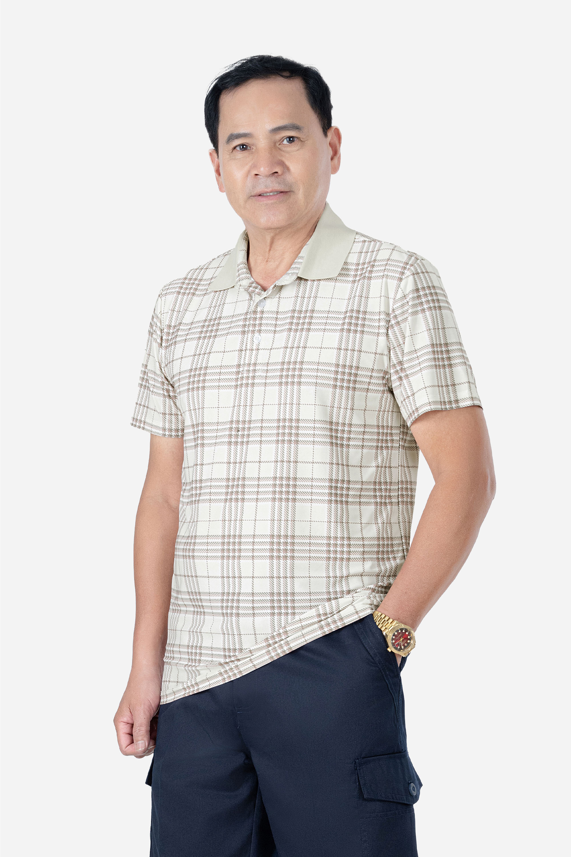 Áo Polo Kẻ Nam Trung Niên ANCHI Chất Liệu Cotton Mĩ Cao Cấp Phom Suông Vạt Ngang Màu Rêu Nhạt_thumbnail_9