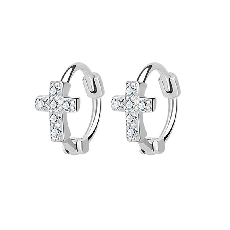 Khuyên tai Thánh Giá bạc unisex tròn nạm đá Zircon có chốt bấm/ trang sức Công Giáo KB02