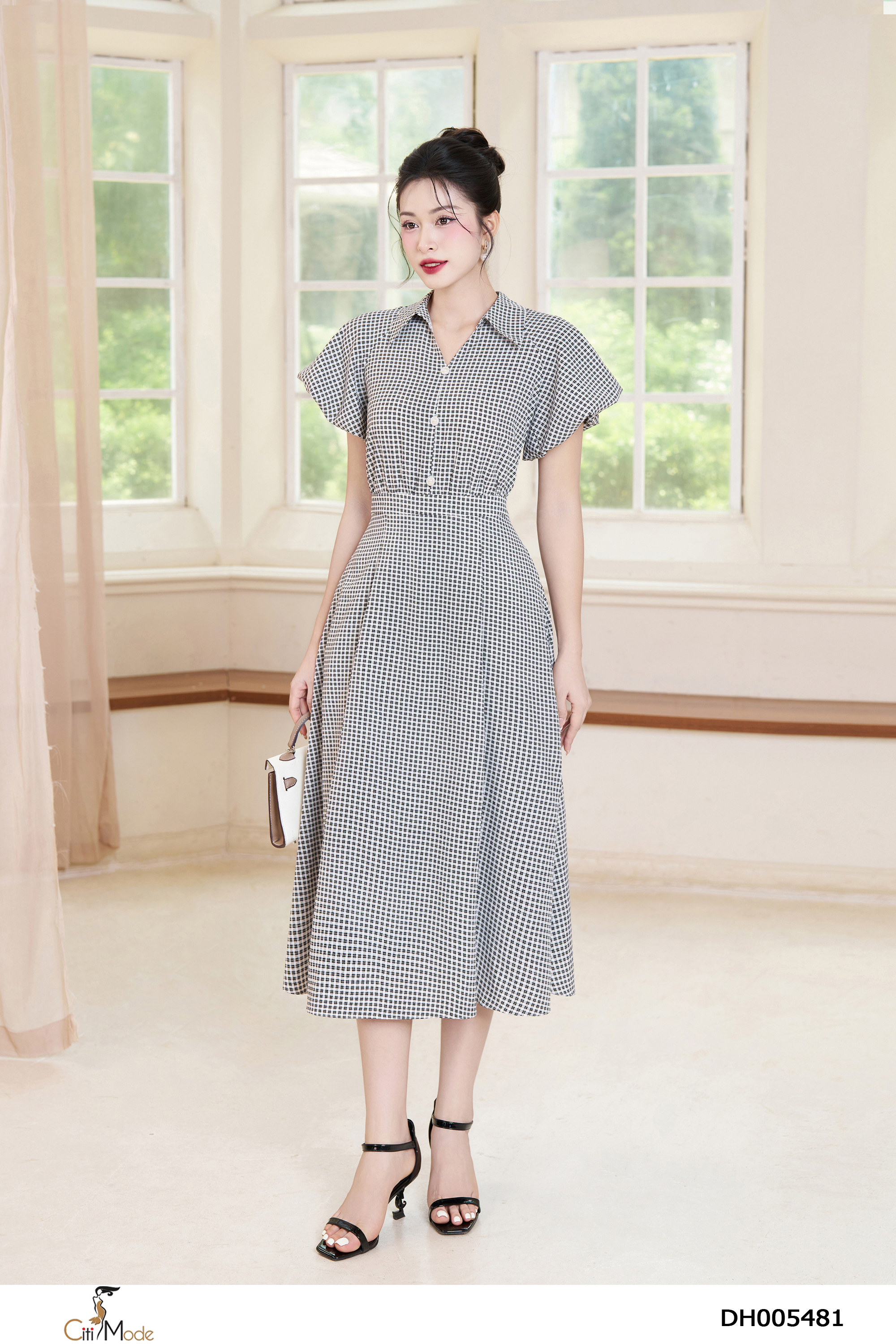 Đầm xòe kẻ nhỏ cổ đức tay chuông_thumbnail_3