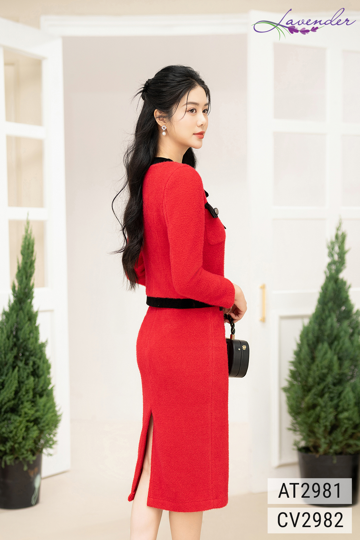 Áo dạ lông thỏ Thời trang Lavender đỏ phối đen nơ cổ AT2981_thumbnail_3
