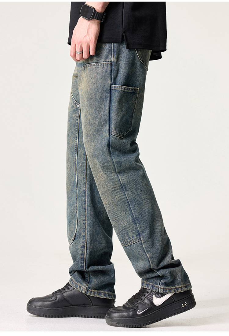 Quần Jean Nam Đường Phố Mỹ Cao Cấp – Retro Giặt Đau Khổ, Rách Hai Đầu Gối, Dáng Thẳng Màu Vàng Bùn_thumbnail_5