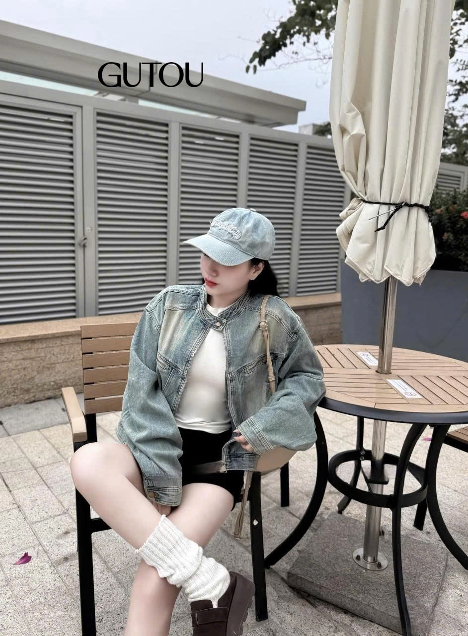 [ GUTOU ] Áo Khoác Denim Cổ Trụ Khóa Kéo Street Style_thumbnail_4