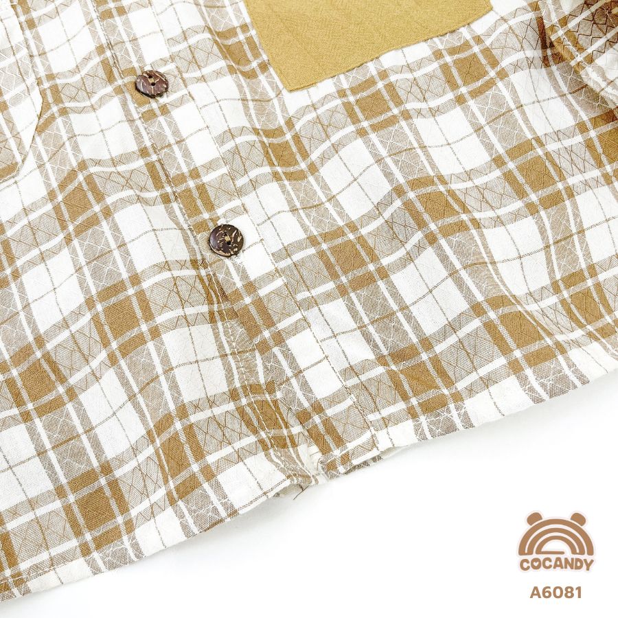 Áo dài caro NÂU 2 túi ngực cúc gỗ_thumbnail_4