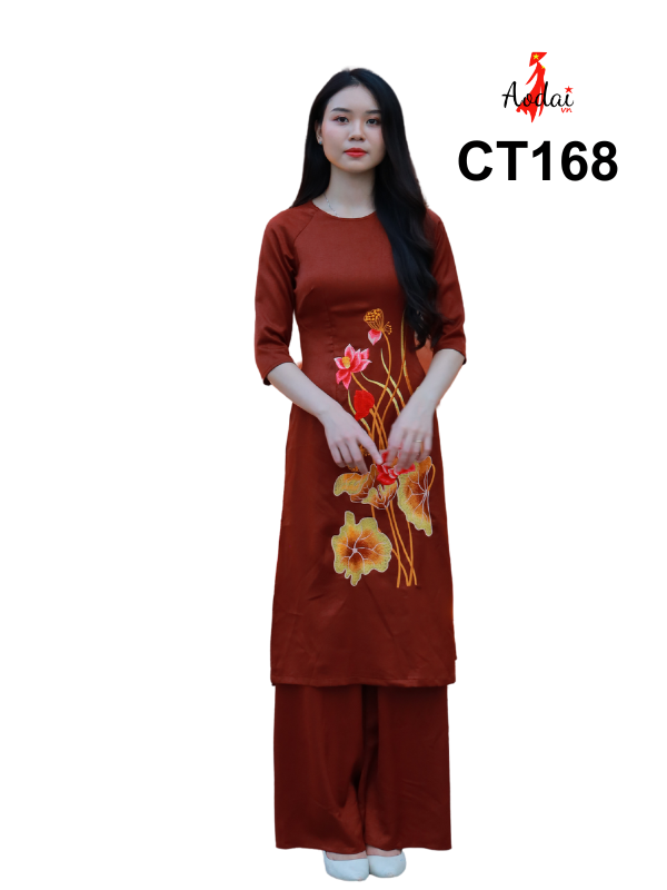 Cách tân đi chùa CT168 màu nâu rượu vang cổ tròn tay lỡ thêu hoa sen