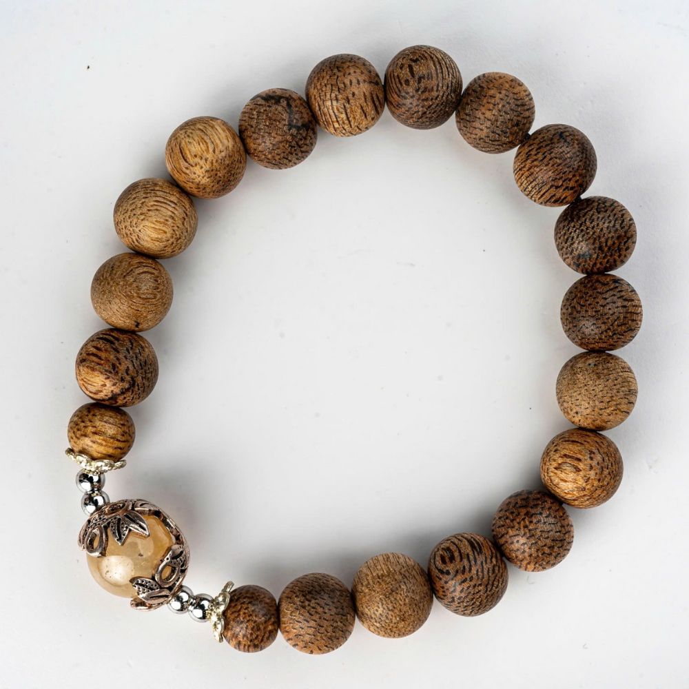 PT175 - Vòng trầm mix thạch anh tóc vàng bọc bạc s999