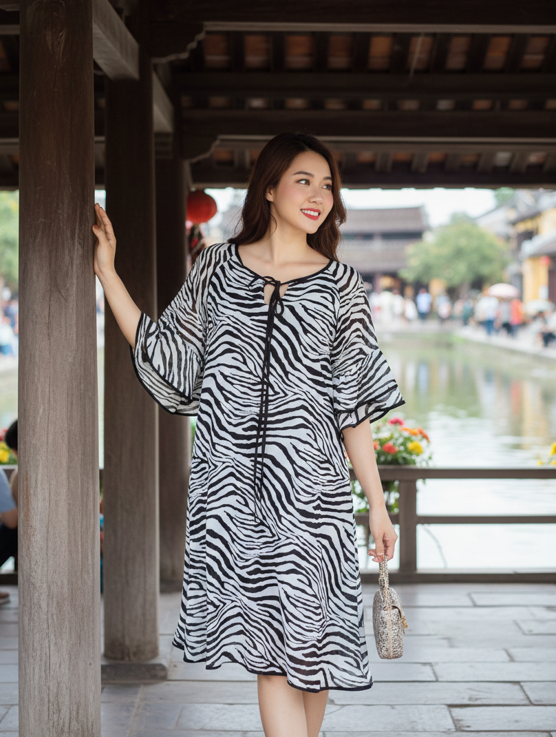 Đầm suông họa tiết tay loe cột dây eo 2in1