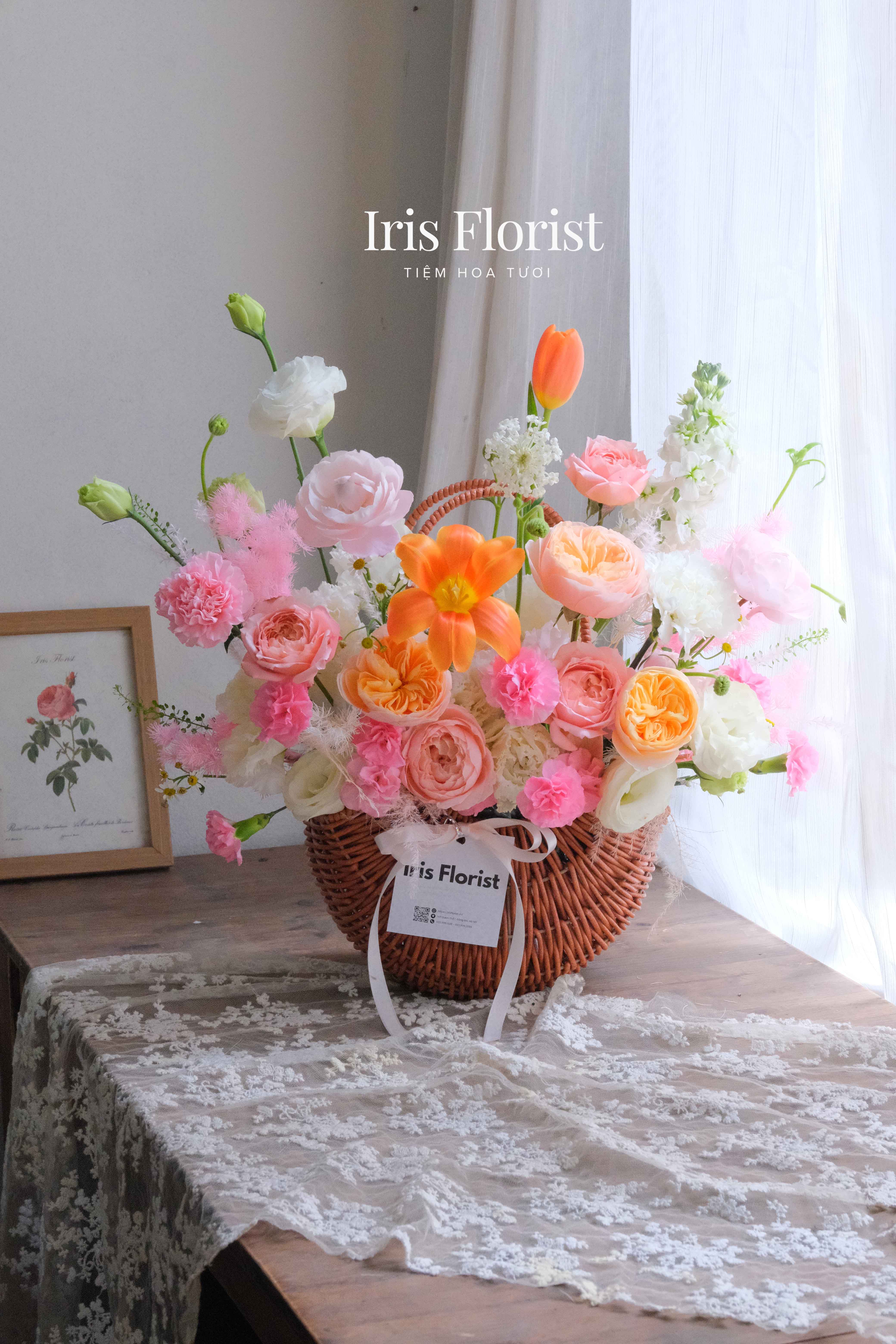 Giỏ hoa Tone Hồng Cam - Giỏ Oval - Size M