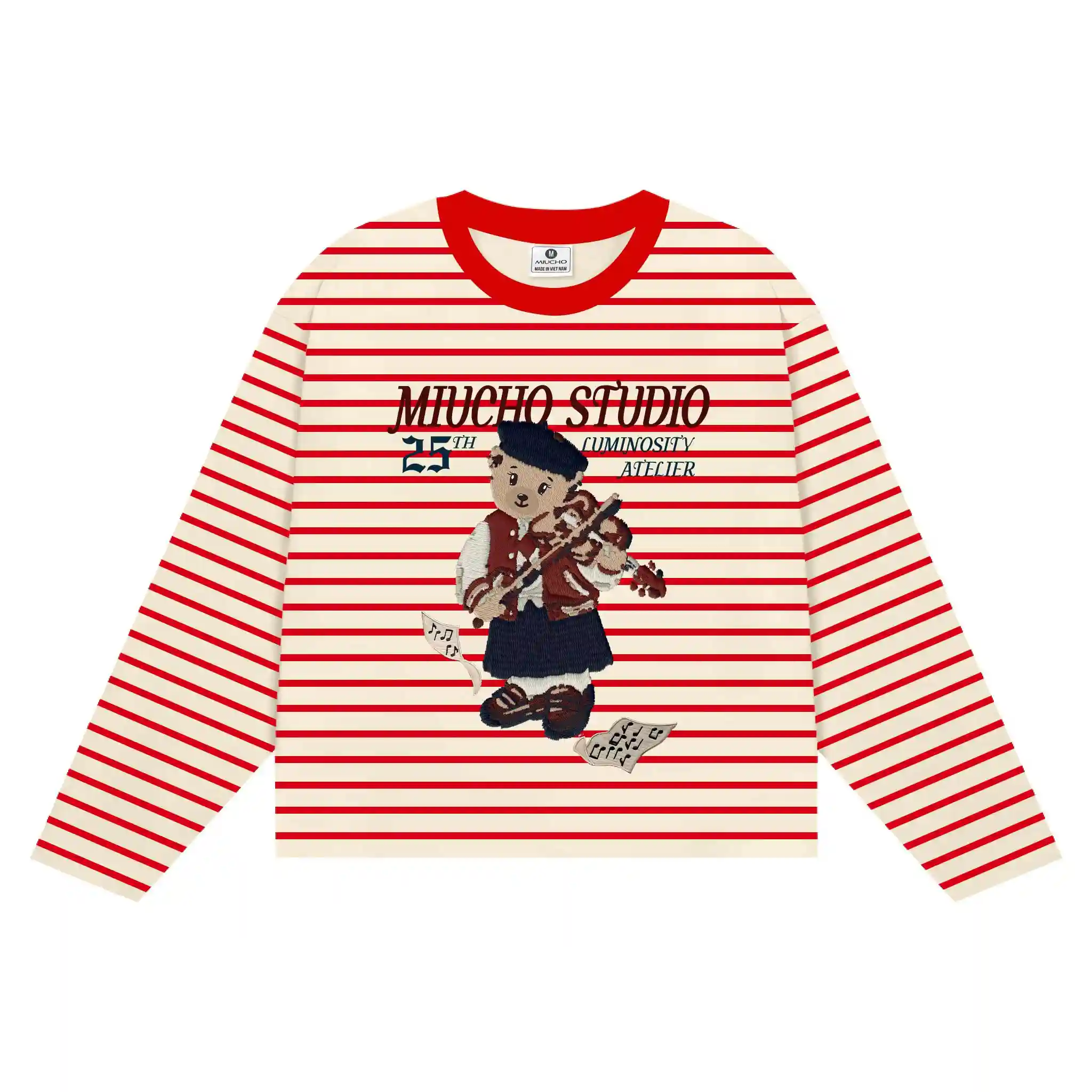 Áo thun boxy tay dài unisex Miucho Studio vải bo rip cao cấp thoáng mát gấu teddy kẻ sọc mix màu 2708_thumbnail_4