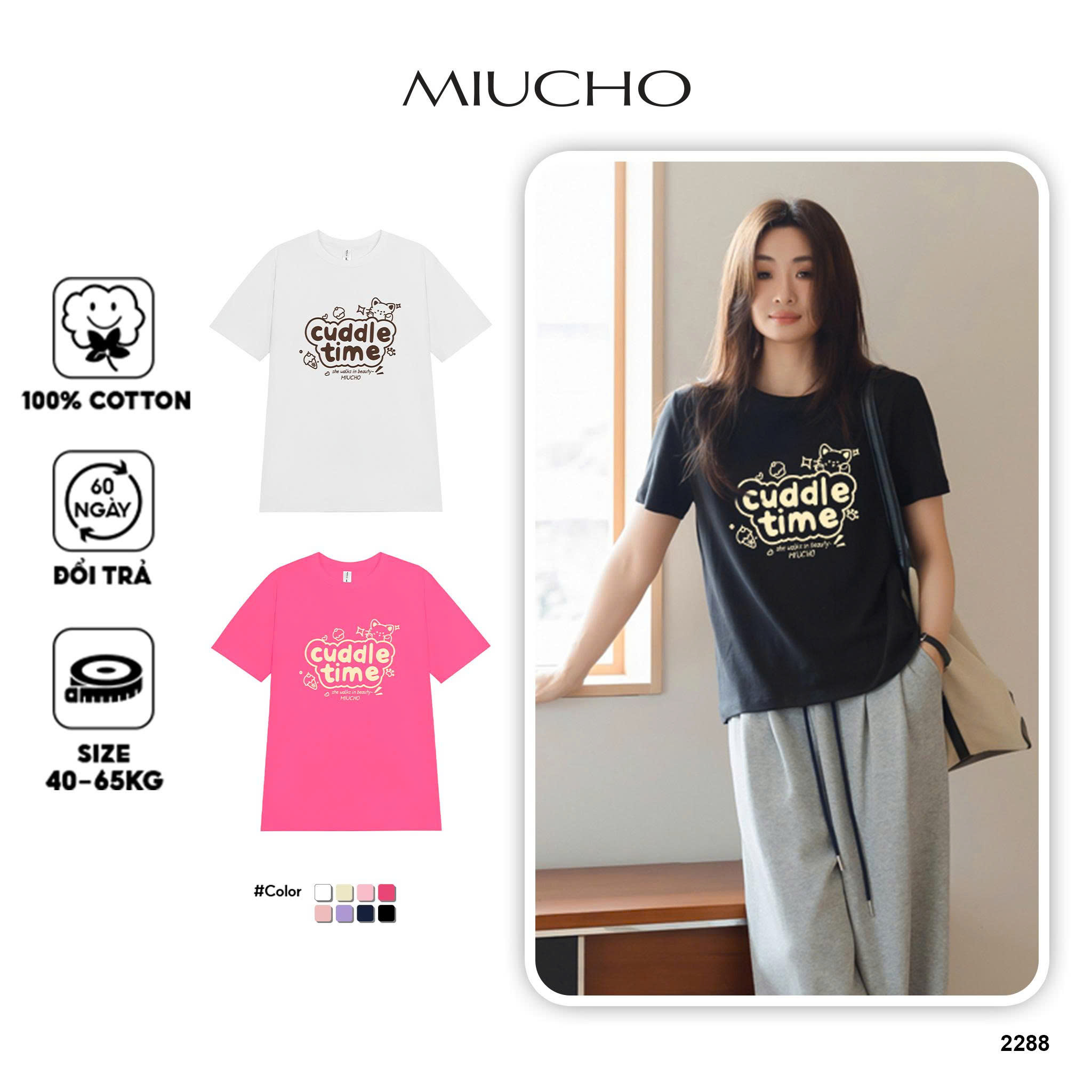 Áo thun nữ form vừa regular dáng ngắn cổ tròn ARD2288 Miucho vải cotton co giãn thoáng mát in mix