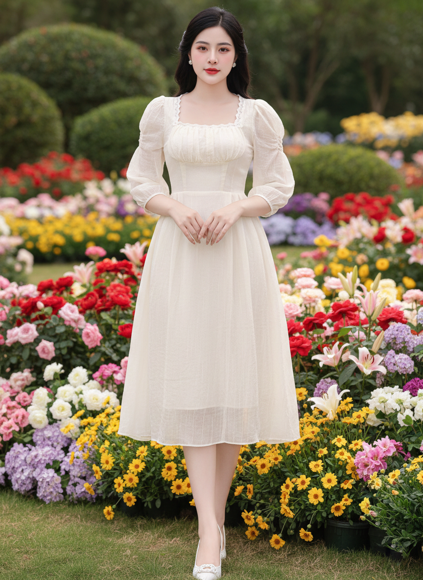 Đầm midi tay dài cổ U phối ren ngực