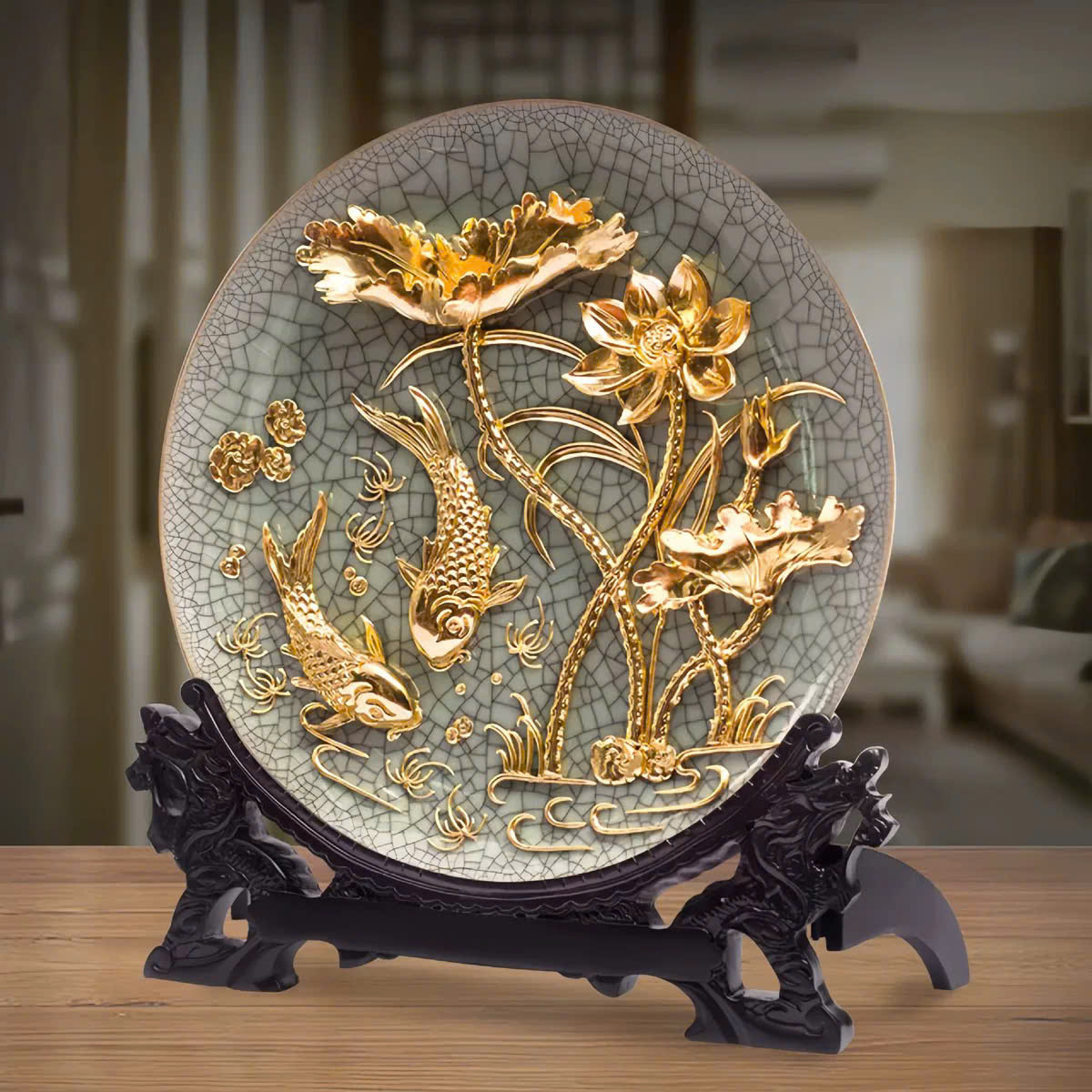 Đĩa cá chép hoa sen mạ vàng 24k DK 20CM _thumbnail_2